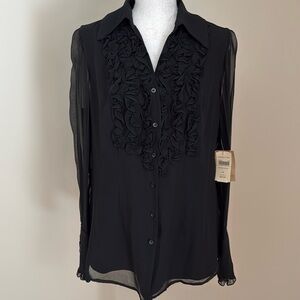 NEW Coldwater Creek M Ruffle Front Silk Shirt Long Sleeve Blouse Semi Sheer NWT